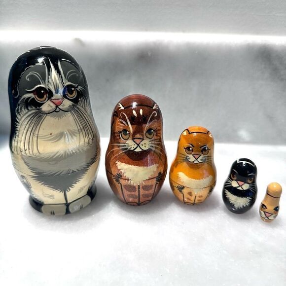 Vintage Set of 5 Cat Russian Nesting Matryoshka Dolls Ginger Black Tabby Calico - Picture 1 of 3